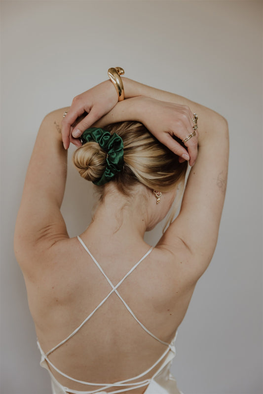 The Kate silk scrunchie medium emerald green